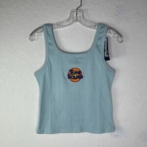 Space Jam Light Blue Tank Top Ribbed Knit cropped cotton blend, comfy, casual, L